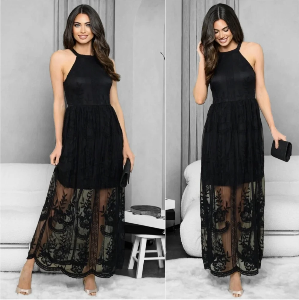 Last One! Stunning Black Lace Halter Top Dress - Picture 2 of 5